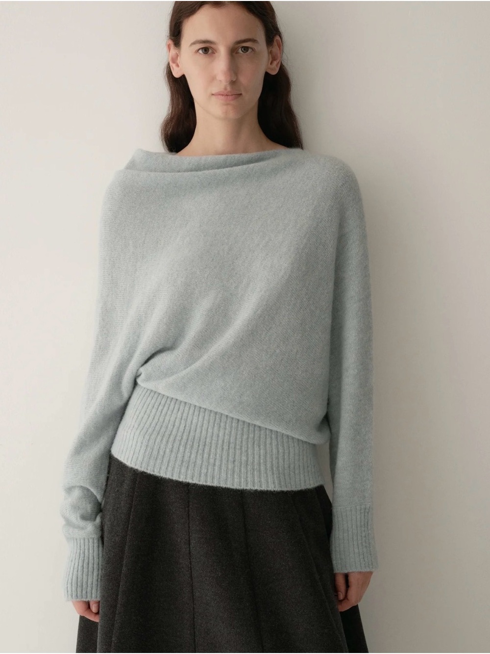 Off-the-Shoulder Lightweight Knit Sweater - Pale Mint - Picture 2 of 15